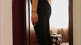 Home-isolated hubby pounds wife's big tits and pussy during yoga session creampie finish