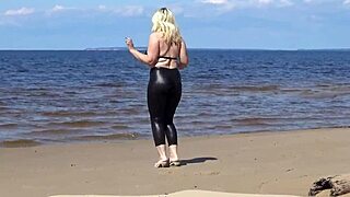Big Leather Ass Struts Beach in Heels, Mature Milf Teases Nature