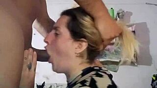 Blonde addicted deepthroats hot jizz swallows from thong panties