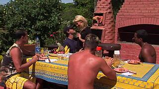 A pretty blonde nympho with fake tits and small waist takes double penetration cocks outdoors in sunny gangbang doggystyle riding cumshots