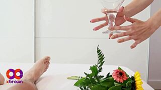 Skinny oiled babe's lingerie handjob milks hot cum all over his hands