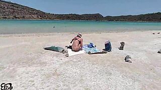 Skinny housewife and teen girlfriend flash big natural tits on beach, then get naked for public kinky outdoor sex with husbands watching.