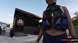 Asian college teen girlfriend rides boyfriend's big cock after waterpark fun