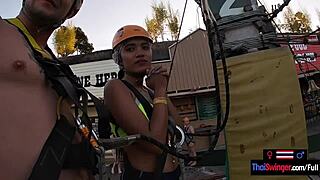 Asian college teen girlfriend rides boyfriend's big cock after waterpark fun