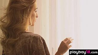 skinny ukrainian blonde cara mell strips sexy lingerie revealing shaved pussy n natural tits