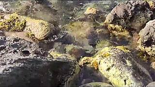 Skinny housewife and teen girlfriend flash big natural tits on beach, then get naked for public kinky outdoor sex with husbands watching.