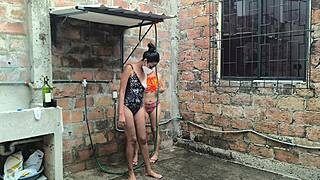 neighbors shower diplomacy turns exciting as we flash tits and spray water on skin