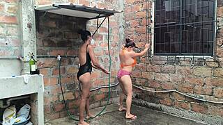 neighbors shower diplomacy turns exciting as we flash tits and spray water on skin