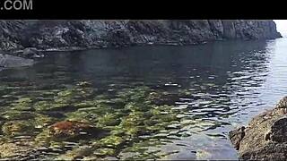 Skinny housewife and teen girlfriend flash big natural tits on beach, then get naked for public kinky outdoor sex with husbands watching.