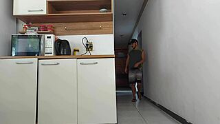 risky kitchen fuck with my crossdressing friend's huge cock while hubby showers almost caught