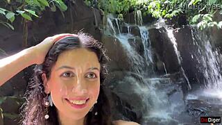 Skinny Teen Gulps Cum Facial in Locker Room Before Waterfall Cumwalk