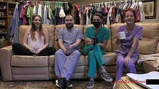 nova maverick bent over in hospital gown as doctor licks her shaved pussy close up