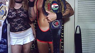 glasses girl sneaks blowjob and hard fuck backstage wrestling shoot