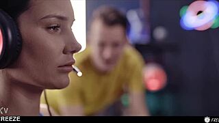 gamer girl freezes time in lol match, gets bent over for creampie and cum swallow