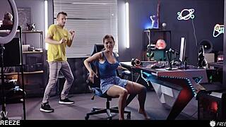 gamer girl freezes time in lol match, gets bent over for creampie and cum swallow