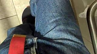 Exhibitionist flashes monster cock masturbates naked in public toilet