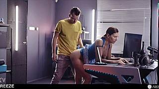 gamer girl freezes time in lol match, gets bent over for creampie and cum swallow