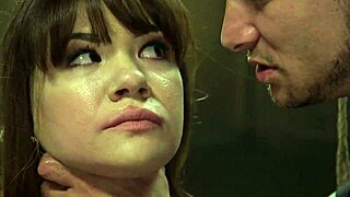 Bound slave gags deep on monster cock squats vibrator squirting in bondage choke