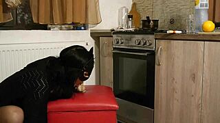 Curvy housewife in lingerie gives dirty joi dildo ride then squirts hard in kitchen