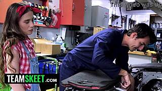 sharing stepdad's cock with stepmom at the shop... wild threesome!