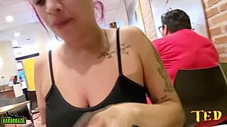 a novinha shows her natural tits and tight pussy snacking at mcdonalds