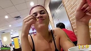 a novinha shows her natural tits and tight pussy snacking at mcdonalds