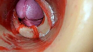 internal cam films swollen pussy overflowing with deep huge male cum insemination closeup