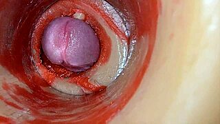 internal cam films swollen pussy overflowing with deep huge male cum insemination closeup