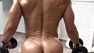 Muscular milf strips nude and flexes her ripped body during intense outdoor workout