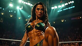 Huge amazon wrestler dominates with flexing muscles and powerful body poses