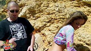 Petite brunette teen with small tits big pussy gets panties ripped and fucked hard by two guys