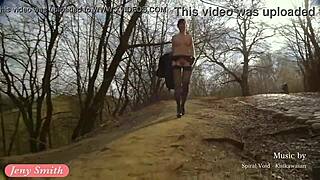 jeny smith flashes stockings garter and heels outdoors with risky spanking