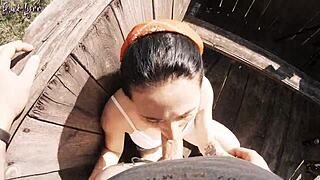 girlfriend risks it all with deepthroat facefuck and throat cum at hunting tower