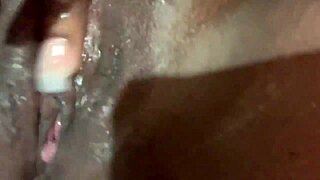 Young ebony amateur fingers her pussy to creampie watching her squirt and moan close