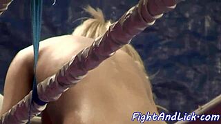 Oiled lesbian babes grapple fiercely fingering and licking slick pussies in heated wrestling match