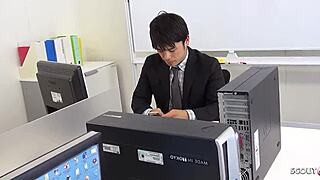 Japanese teen secretary sucks old boss cock in office gets cum mouth uncensored