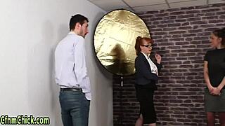 behind the scenes cfnm british redhead domina with glasses humiliates guy with handjob mockery