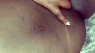 chubby black babe spreads shaved pussy lips closeup for first solo fingering