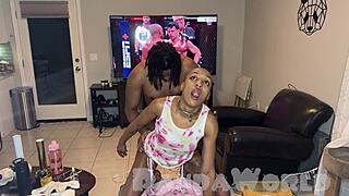 EBONY ASS SLUT CLEO PANDA'S HOLE STRETCHED WIDE IN PILED RIVER POUNDING