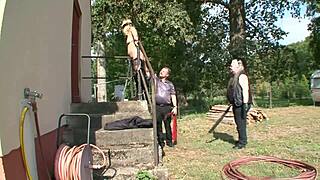 Tortured blonde slave gets dominated double in bdsm closeup