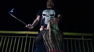 Bold Brazilian wife flashes cute tattooed ass on street for cuckold thrill