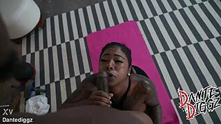 Bubble butt ebony baddie Gogo Fukme chokes on trainer's big cock before juicy pussy stretch in cowgirl
