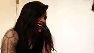 this pierced goth punk babe drops to suck dick then bounces her emo pussy cowgirl style