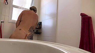 Tanned neighbor's wet pussy spread in bathroom moan fest turns mutual masturbation cum explosion.