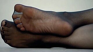 wife's FEET stuffed in NYLON PANTYHOSE for fetish toe sucking action