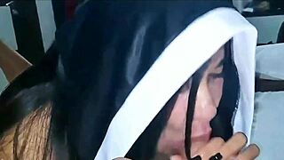 ever seen innocent halloween nun swallow cum after deep blowjob?