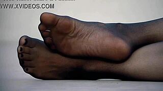 wife's FEET stuffed in NYLON PANTYHOSE for fetish toe sucking action