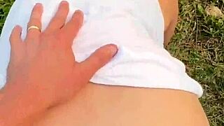 Curvy big tit milf couple nearly caught by public pounding her fat pussy with monster cock outdoors