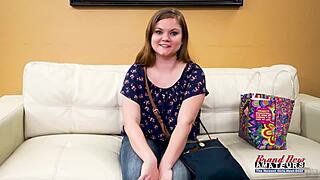 Lauren's petite frame sucks cock hard before group bangs her busty holes with jizz