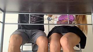 under the desk, horny classmate rides my huge cock in lingerie
